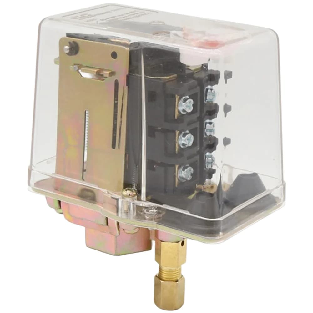 Controlador de pressão para compressor de ar com capa transparente e base metálica dourada