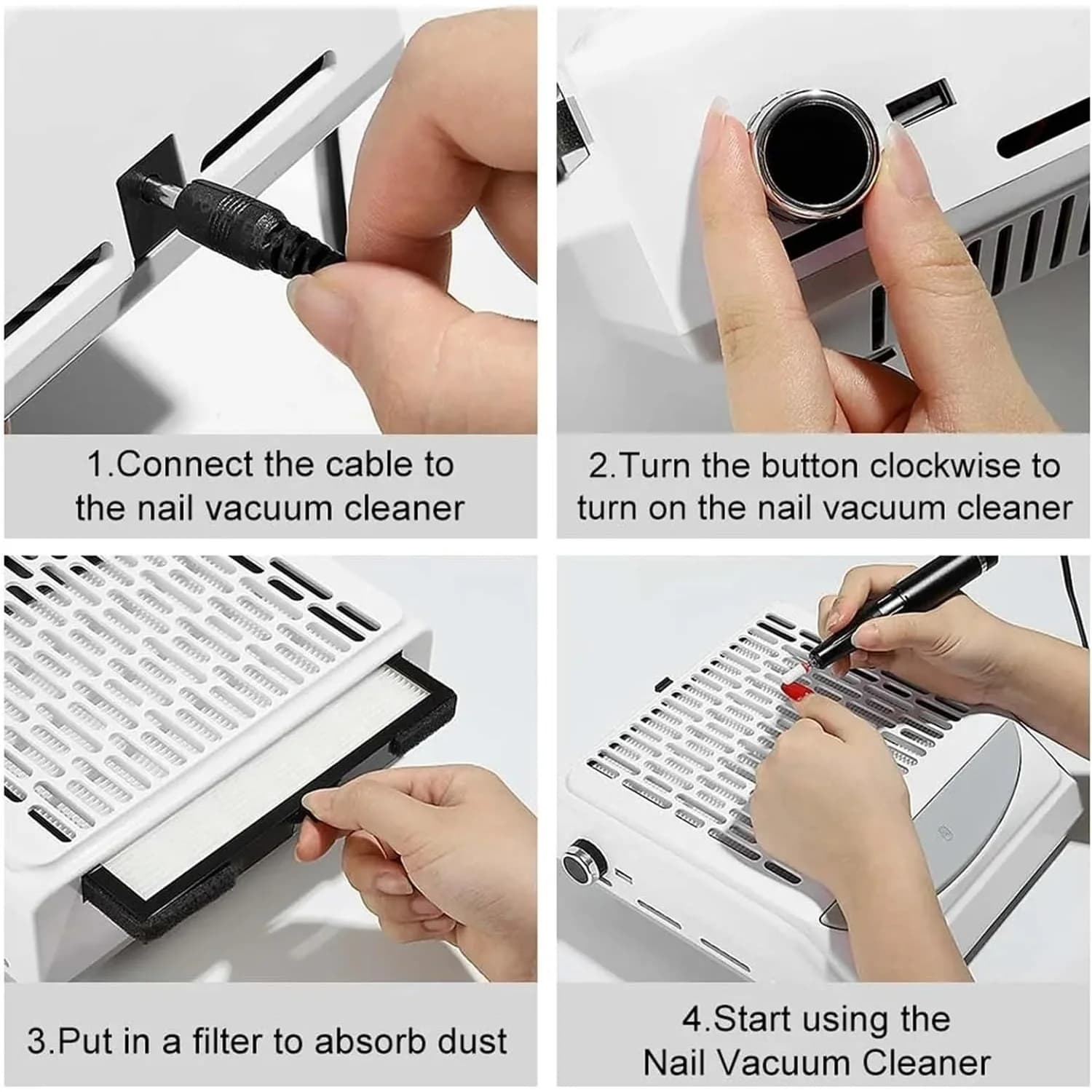 Instruções de uso do aspirador de pó de unhas profissional com conexão USB e filtro removível