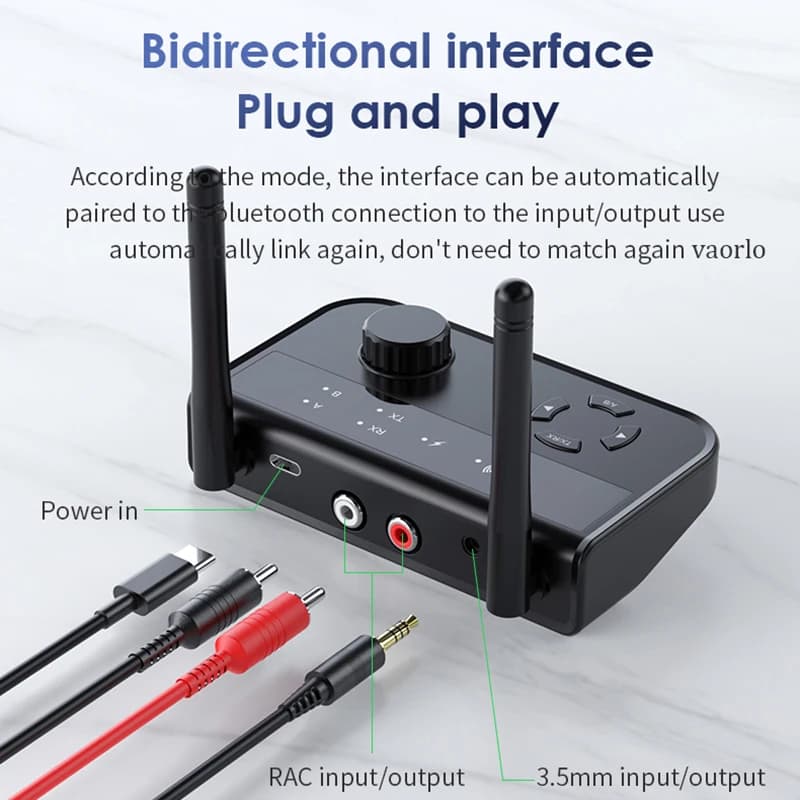 Adaptador de Áudio Bluetooth 5.3, 2 em 1, RCA, AUX, Antenas Duplas, Preto