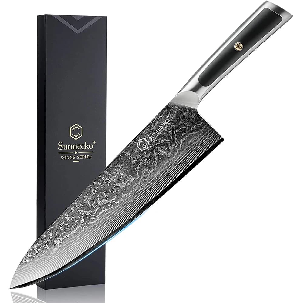Faca de chef japonesa Sunnecko de 8 polegadas com cabo preto e lâmina de damasco