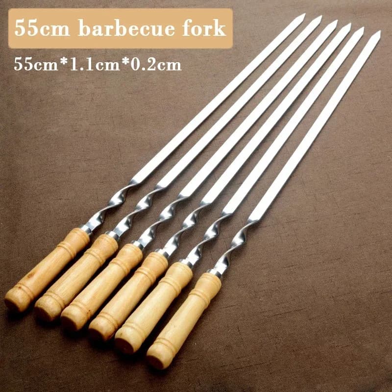 Espetos para churrasco com cabo de madeira e aço inoxidável prateado 55 cm conjunto com 6 peças