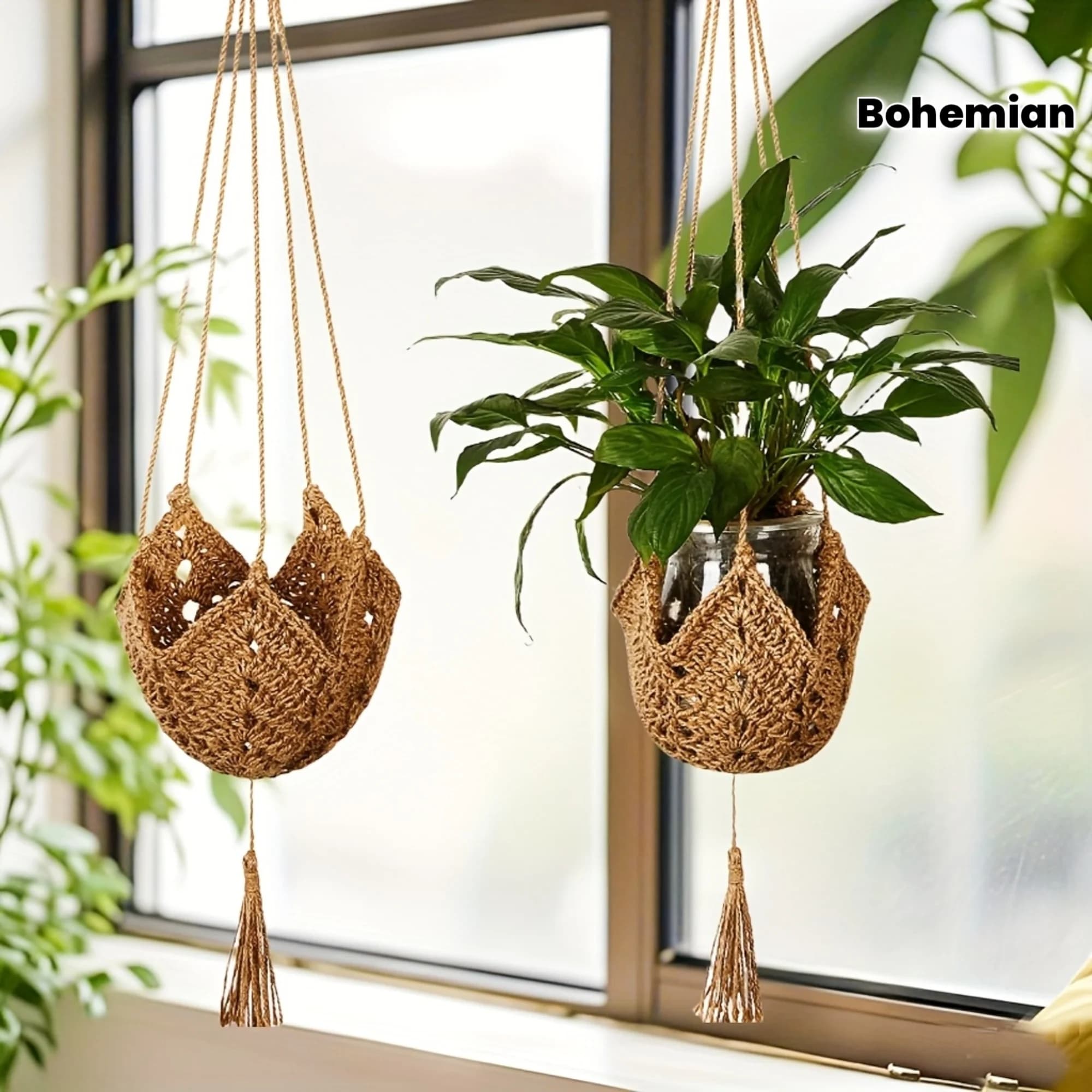 Suporte de plantas em macramê de juta boêmio, compatível com vasos de 3 a 12 polegadas, cesto suspenso para interiores/exteriores, decoração para casa e jardim