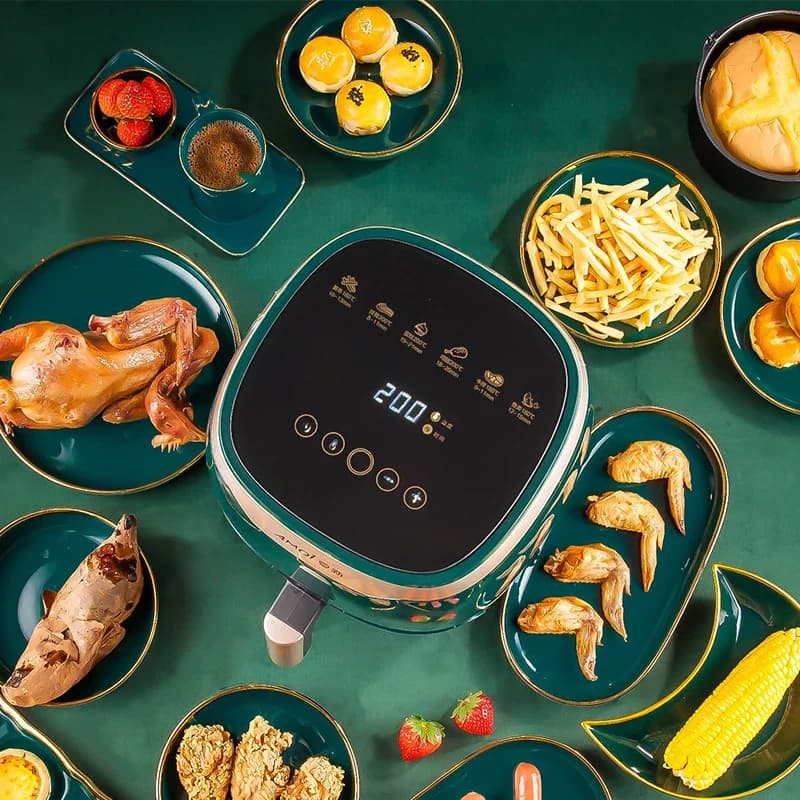 Fritadeira elétrica Oster Nuwave Digital Power Air Fryer XL preta com alimentos variados ao redor