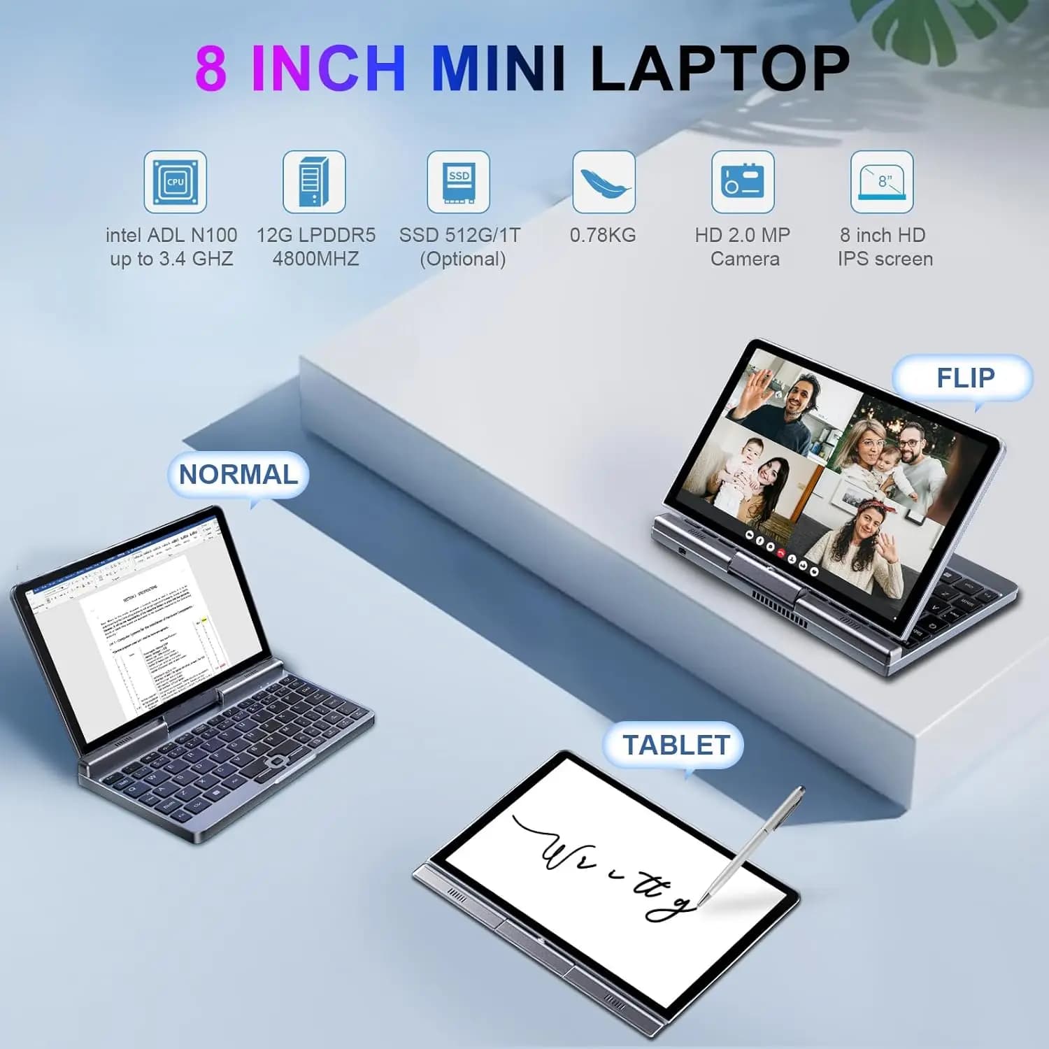 Mini laptop portátil windows 11 8 Polegada tela sensível ao toque notebook n150 12gb + 1tb ips netbook win 11 pro mini pc micro computador