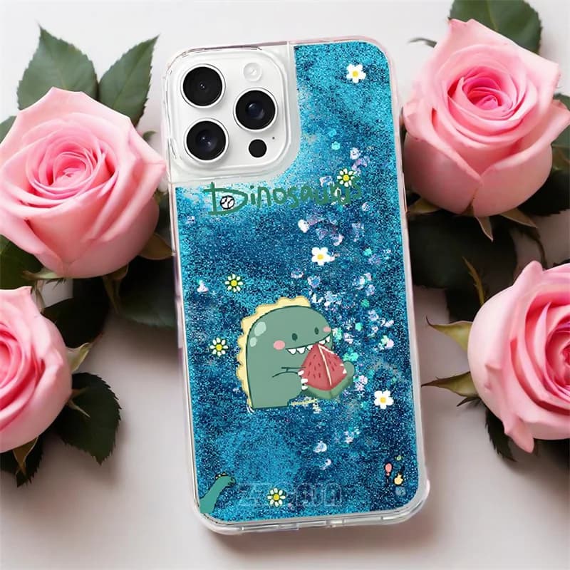 Capa azul com glitter líquido e estampa de dinossauro com melancia para iPhone 11 e Xiaomi