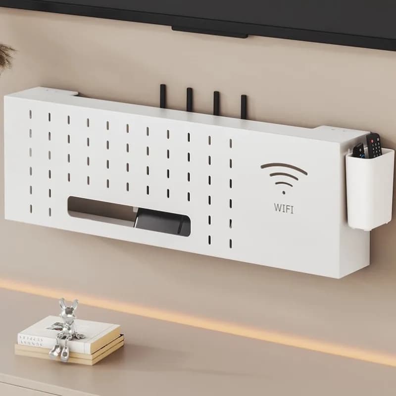 Suporte de parede minimalista branco para TV com armazenamento e compartimento para controles remotos
