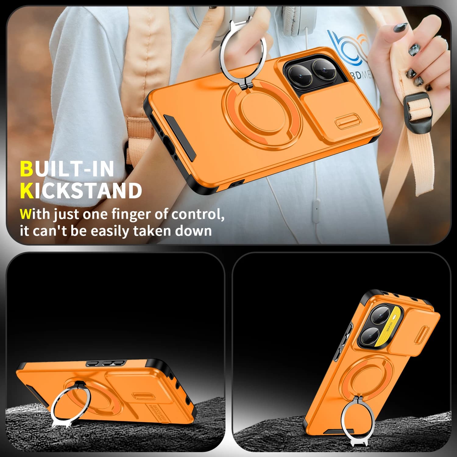 Capa laranja para Poco F7 Pro com suporte de anel embutido para apoio e uso prático