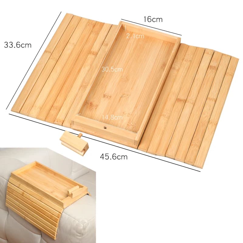 Dimensões da bandeja de braço para sofá em bambu com suporte para copos e celular cinza