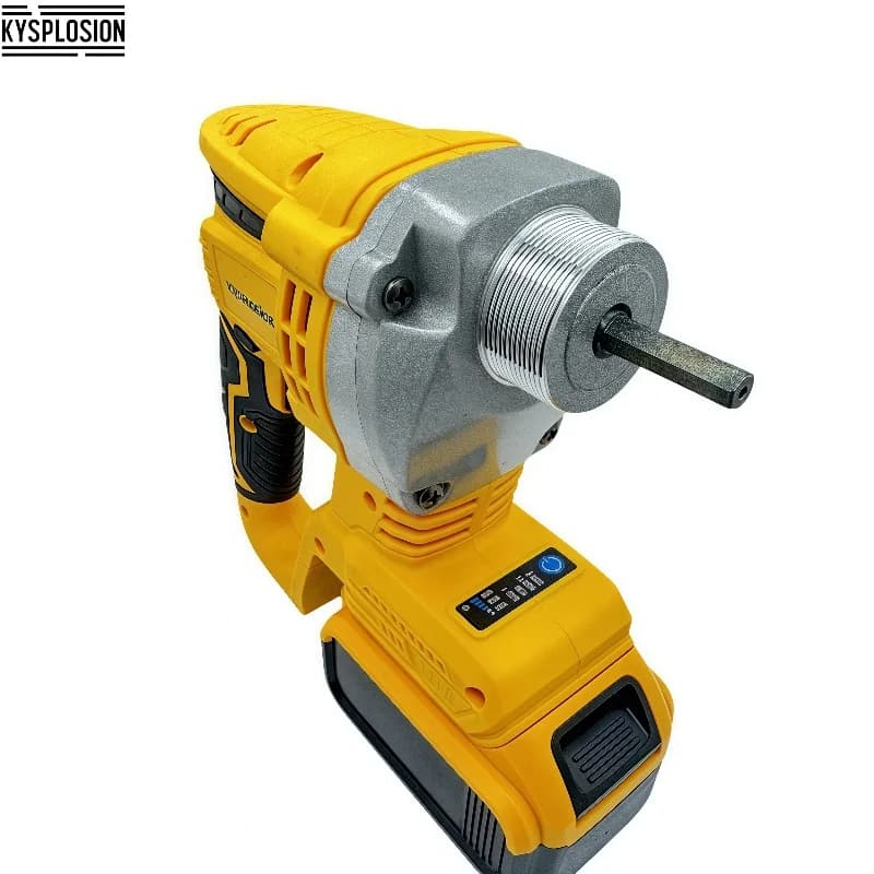 Anúncio de misturador de concreto elétrico sem escova DeWalt 20V, amarela e cinza, com baterias compatíveis
