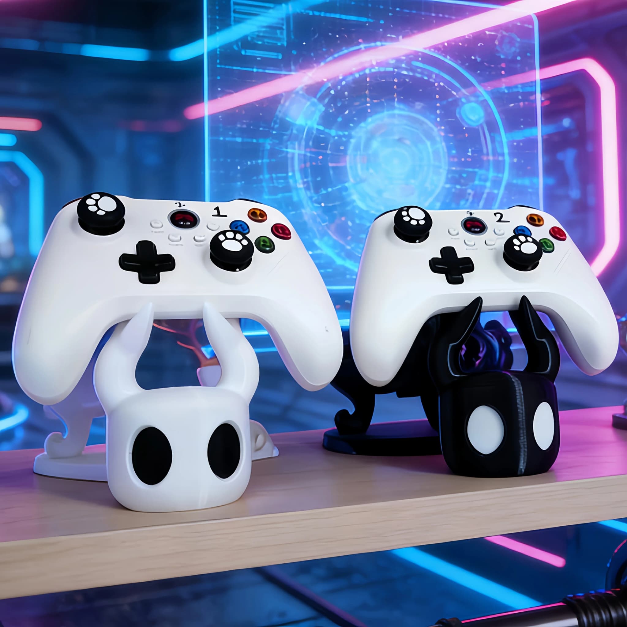 Suporte universal para controle de jogos em forma de chifres de animal, branco e preto, contra fundo neon.