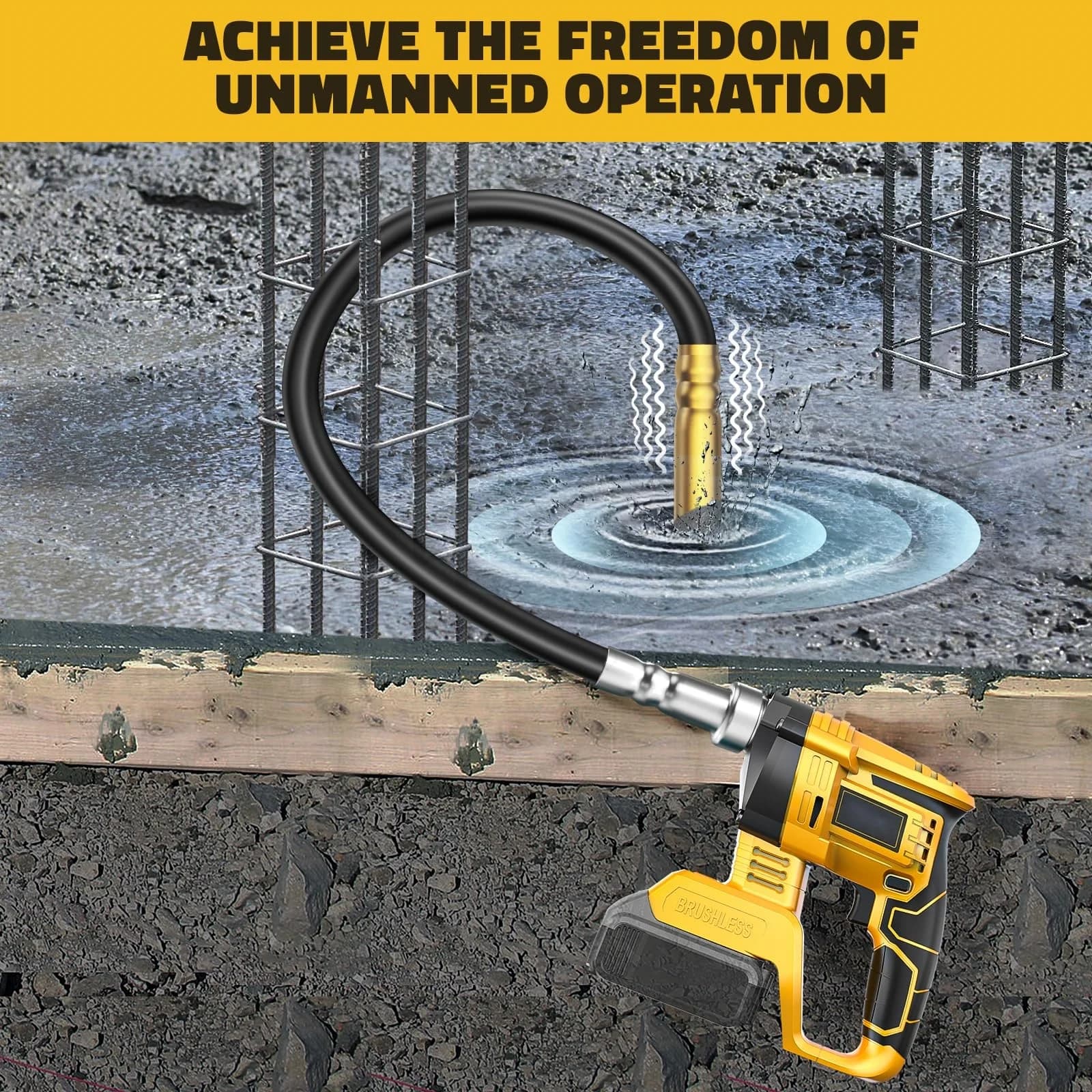 Vibrador de concreto Dewalt amarelo operando sem fio para vibração eficiente em concreto fresco
