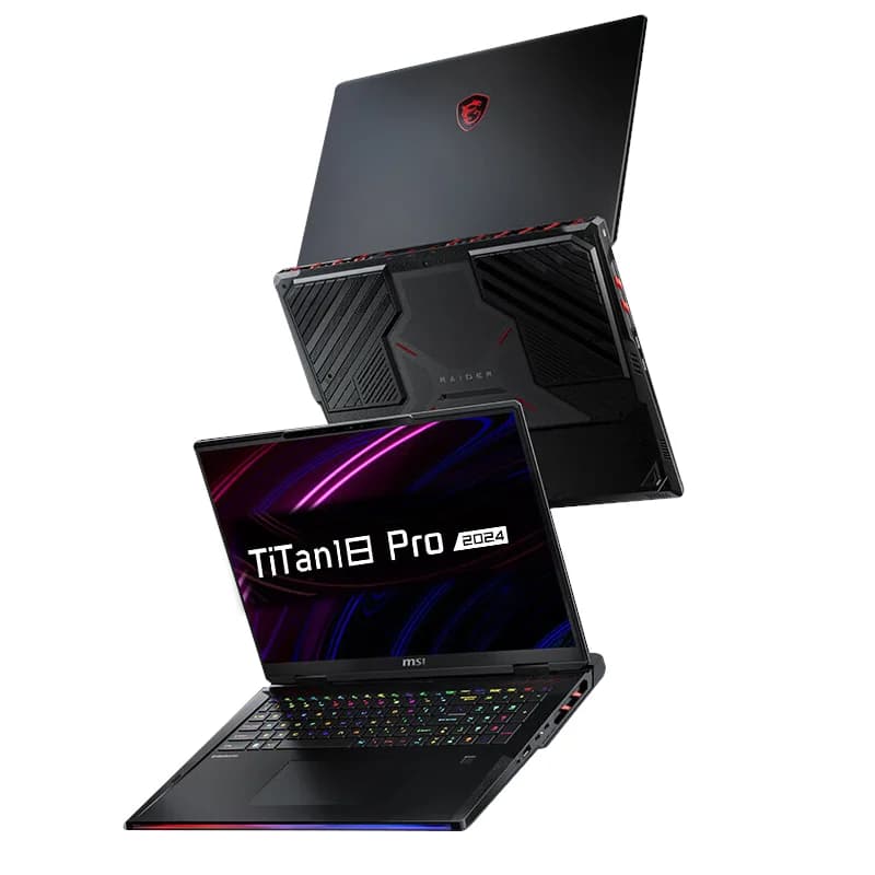 Notebook gamer Titan 18 Pro 2024 aberto com teclado retroiluminado e tela com texto