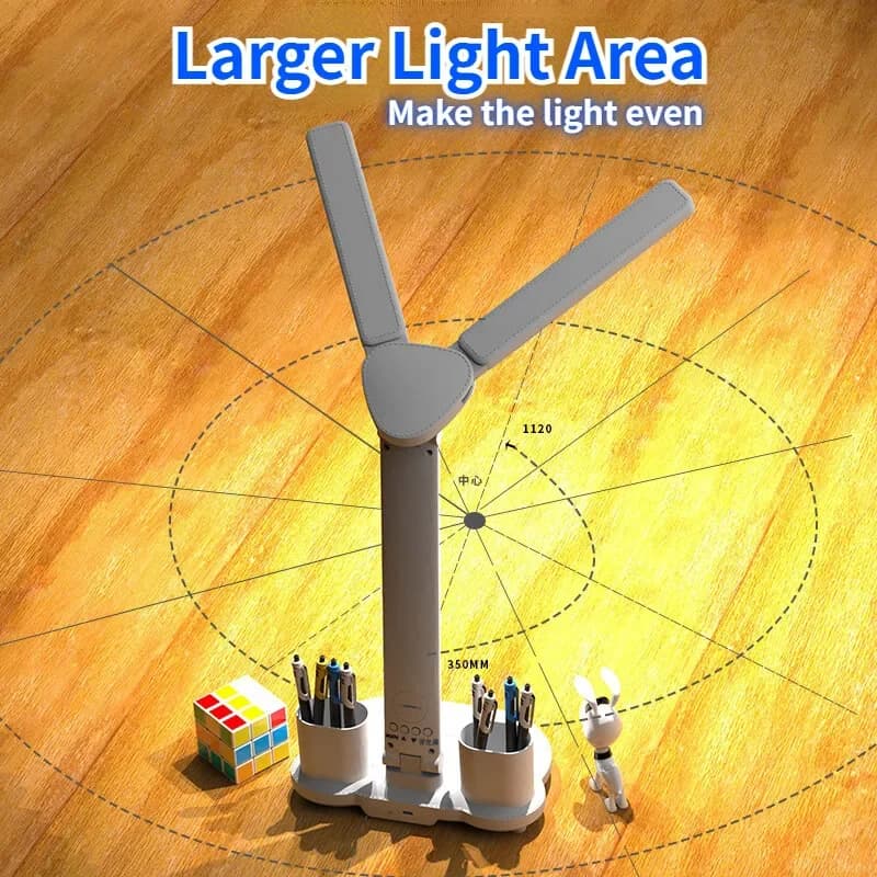 Luminária de mesa LED branca com área de luz ampliada e design articulado para iluminação uniforme
