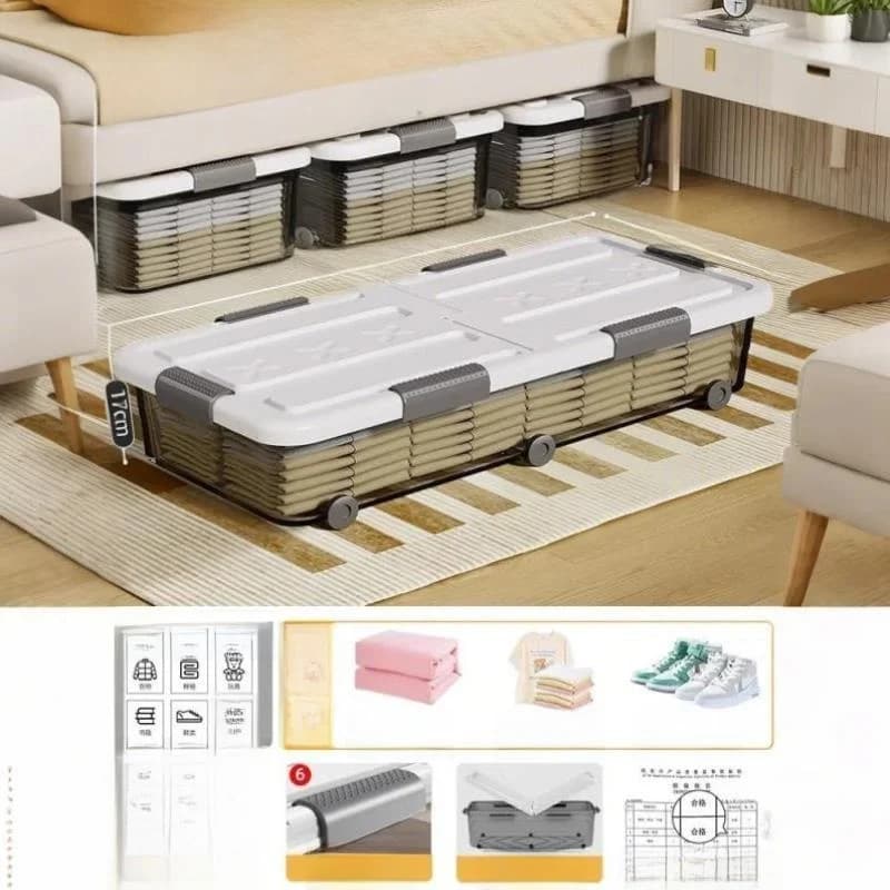 Caixas organizadoras plásticas transparentes sob a cama com rodas e tampas deslizantes, para armazenamento de roupas e cobertores.