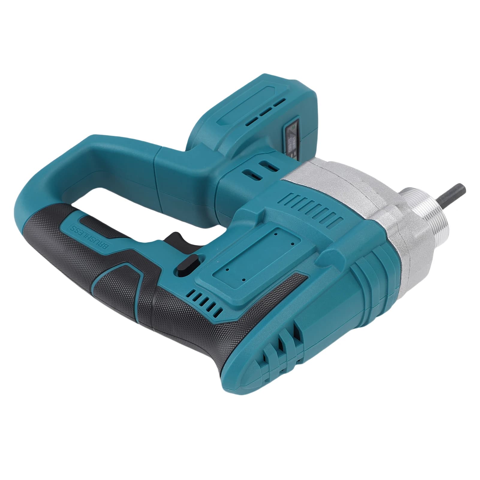 Vibrador de concreto profissional azul com motor brushless e carcaça de alumínio vista lateral