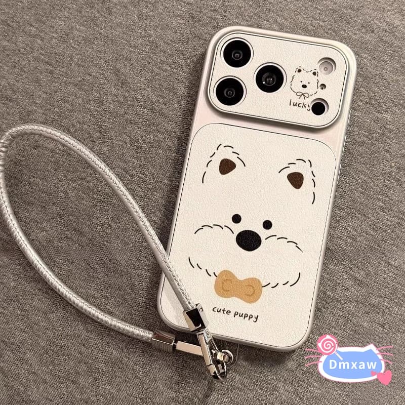 Capa de telefone Xiaomi com desenho de cachorrinho fofo e cordão prateado