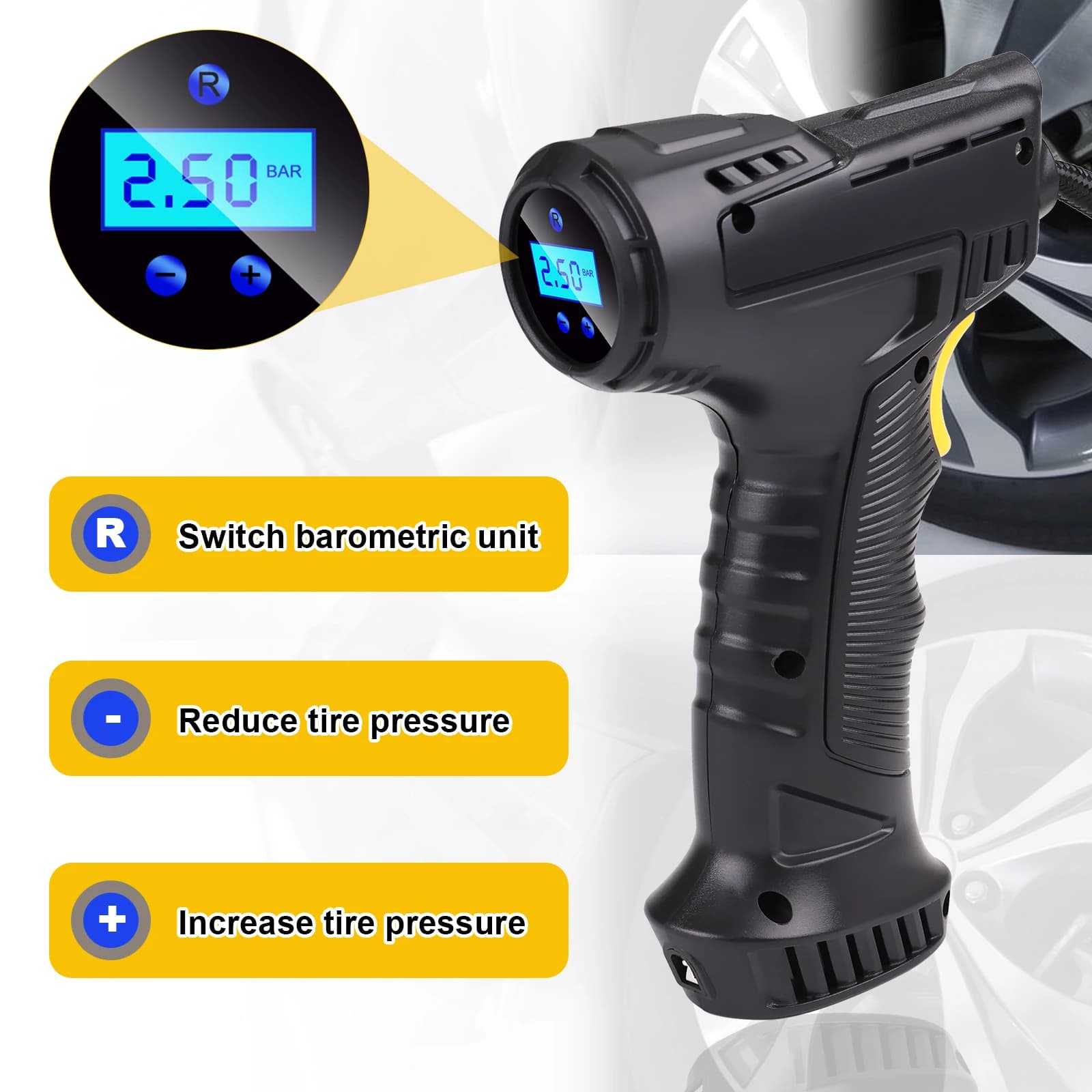 Compressor de ar portátil conectado a um pneu de carro com tempo de inflação de 35 segundos