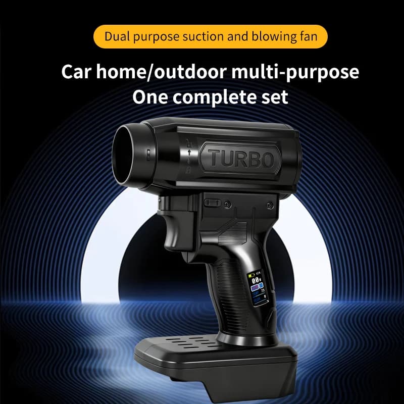 Ventilador portátil TURBO preto multifuncional para carro, casa e uso externo com função dupla de sucção e sopro