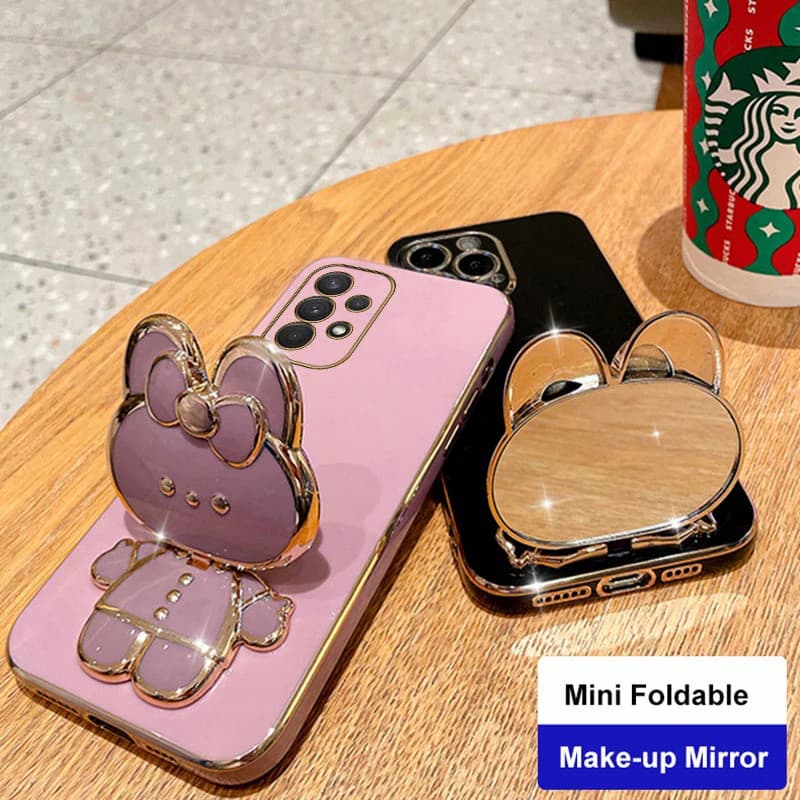 Capa rosa para Samsung Galaxy A Series com suporte espelho dobrável formato ursinho dourado