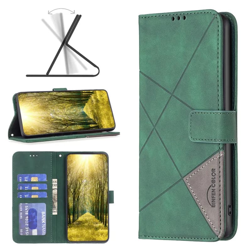 Capa carteira verde para Xiaomi Poco F5 Pro em couro sintético com suporte para vídeo e porta cartões