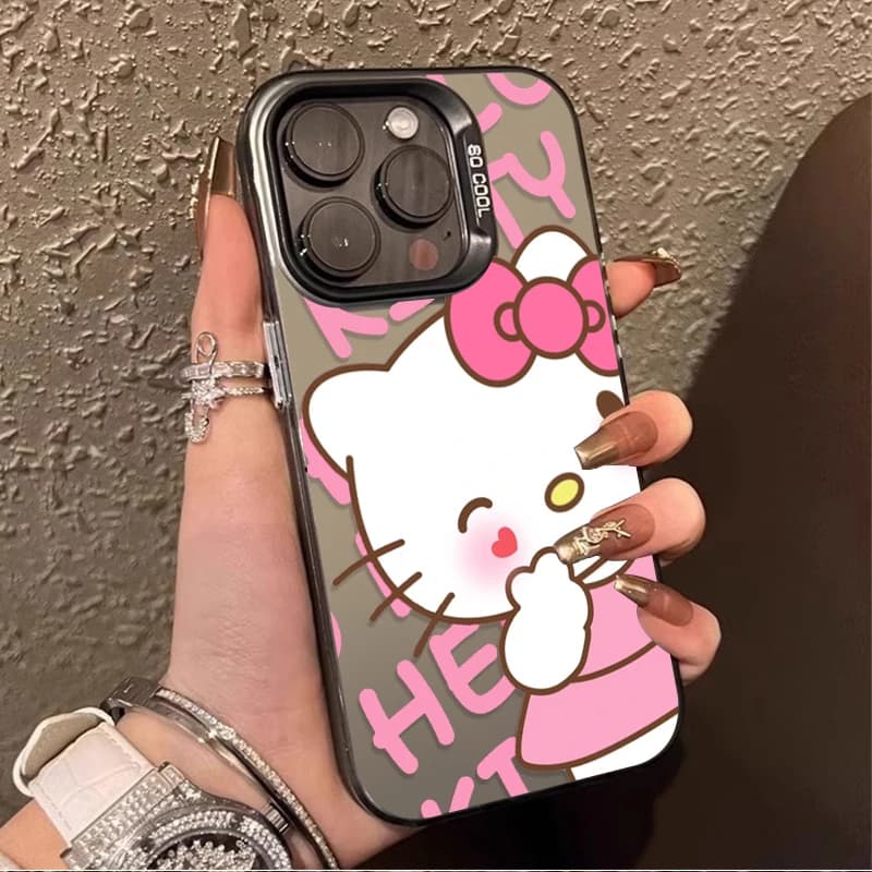 Capa protetora transparente para iPhone 11 com estampa de Hello Kitty, moldura branca, design rosa e azul.