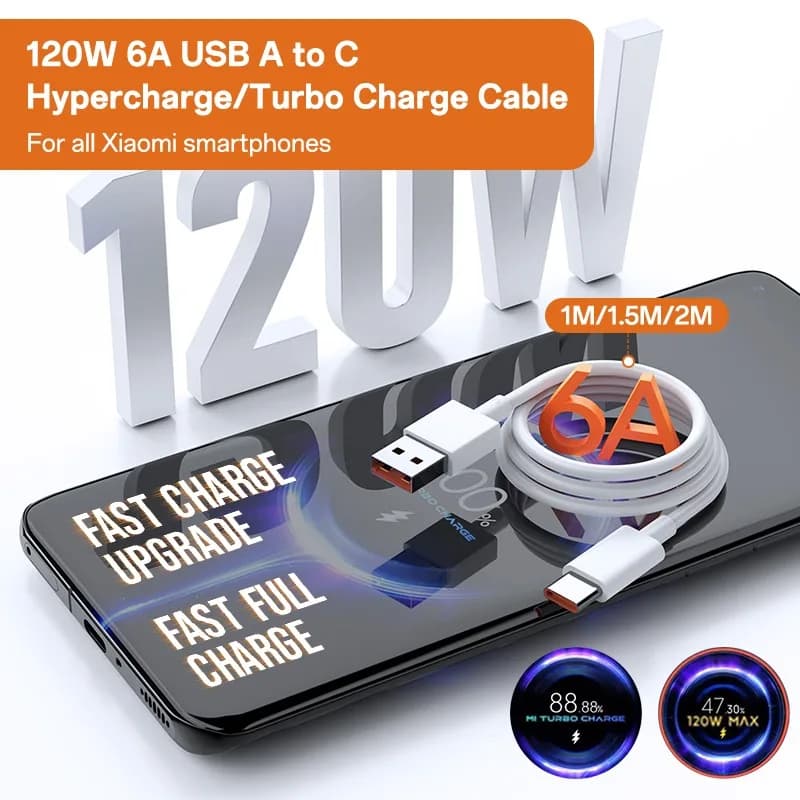 Cabo USB Tipo C branco Xiaomi 120W 6A carregamento rápido para smartphones Xiaomi