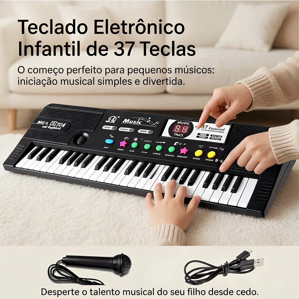 Teclado de piano com 37 teclas, piano digital com alto-falante e microfone integrados, teclado portátil para iniciantes, ideal