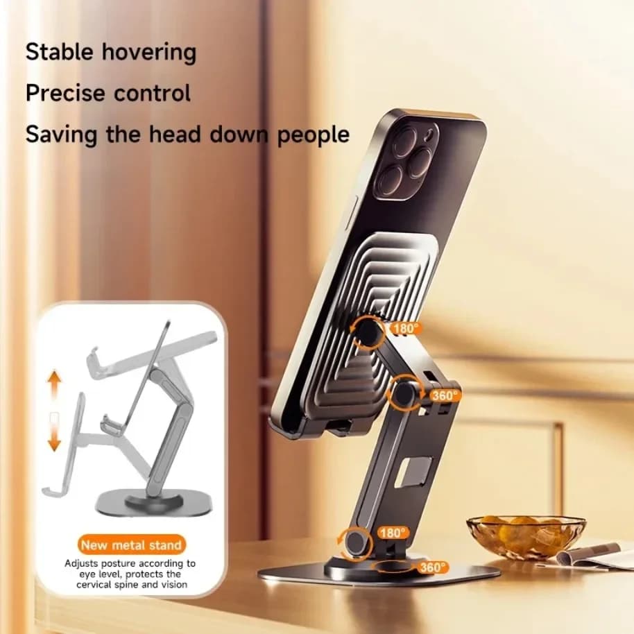 Suporte dobrável de mesa para celular e tablet em metal, ajustável e dobrável, com base metálica preta