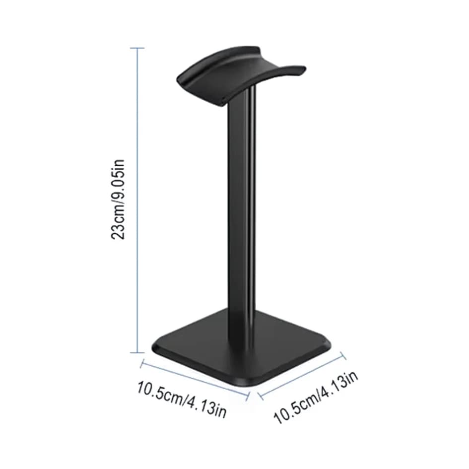 Dimensões do suporte para fone de ouvido gamer portátil em liga de alumínio preto com base quadrada