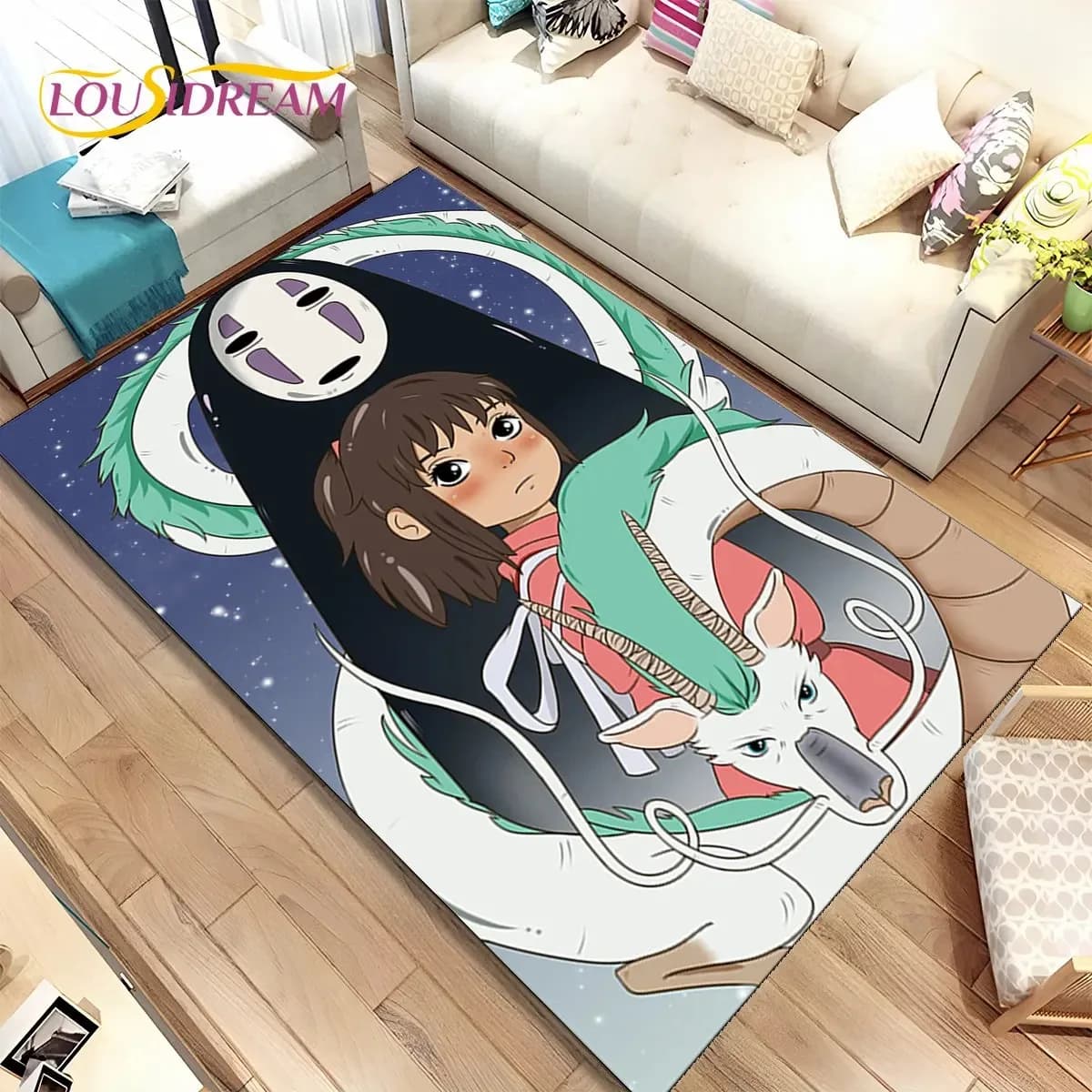 Tapete antiderrapante infantil verde escuro com estampa 3D da menina e criatura Spirited Away