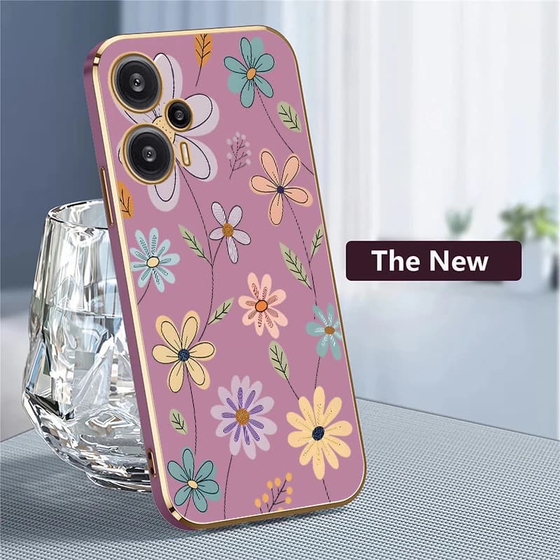 Capa luxuosa macia de silicone verde claro com bordas douradas e flores coloridas para Xiaomi Poco F8 Ultra F6 Pro