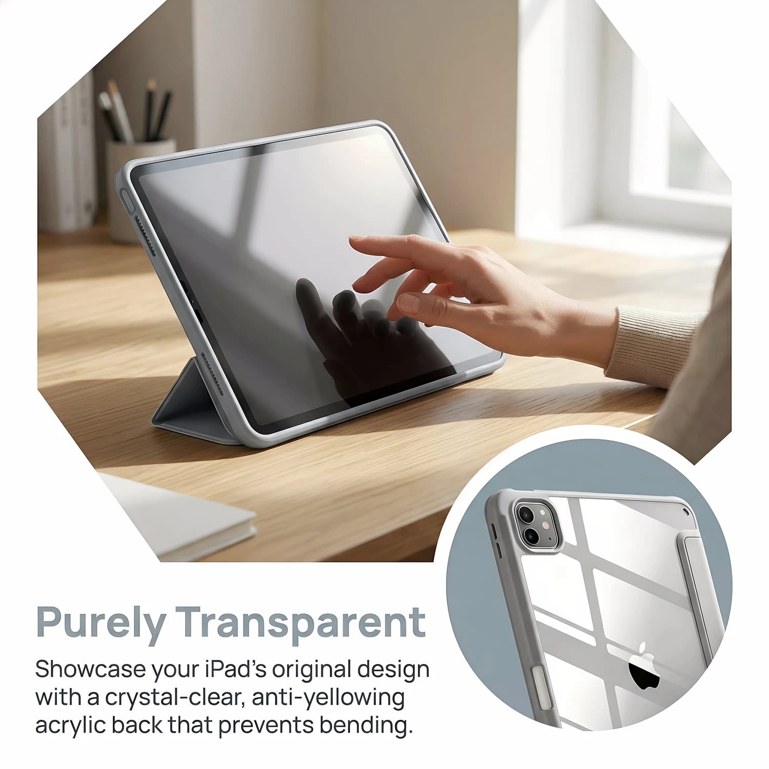 Capa transparente para iPad Pro 11 com traseira acrílica anti-amarelamento e suporte dobrável para mesa