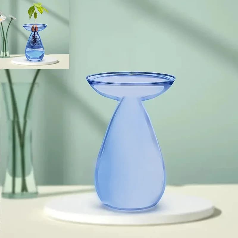 Vaso de vidro azul transparente em formato de abacate para cultivo hidropônico moderno