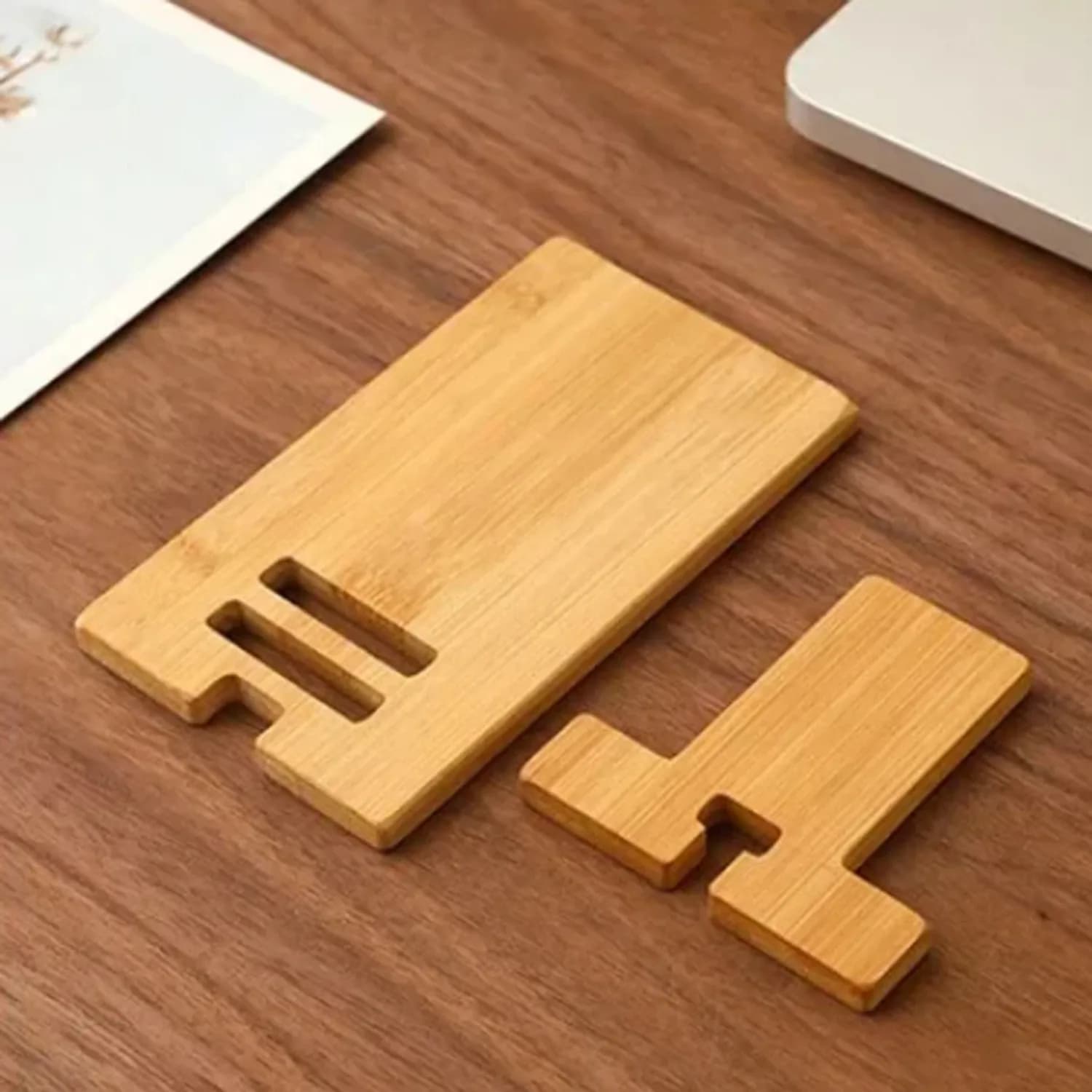 Kit suporte para celular de bambu multifuncional com duas peças desmontadas