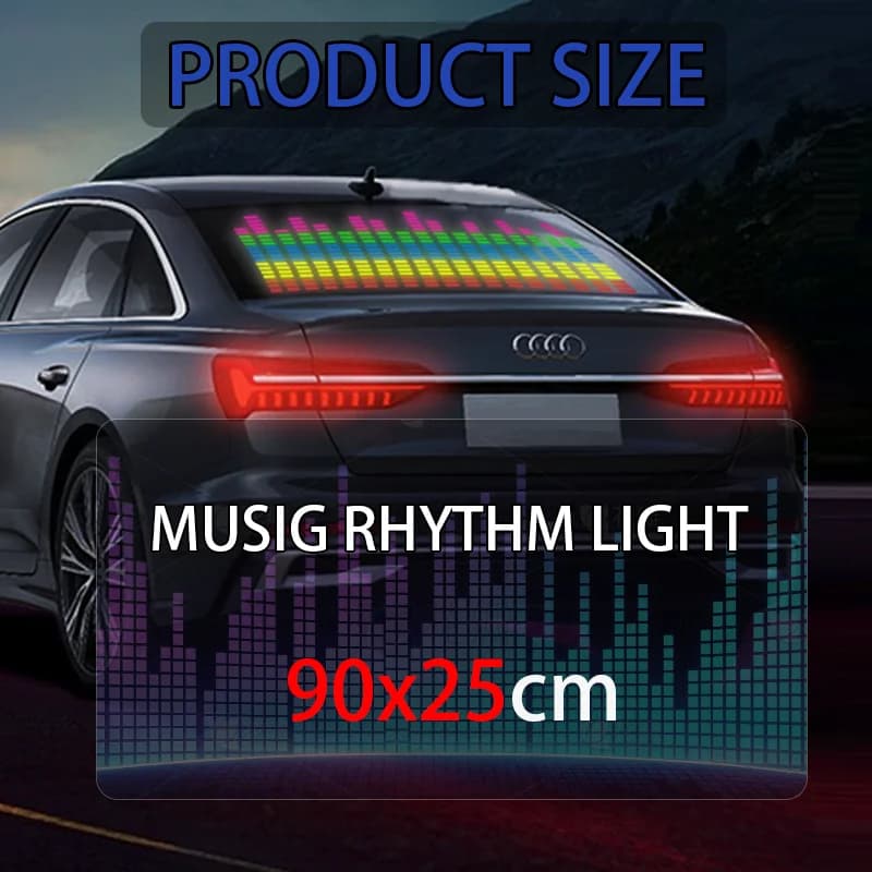 Kit de luz LED automotiva RGB 90x25cm instalado em para-brisa traseiro com iluminação colorida por ritmo musical