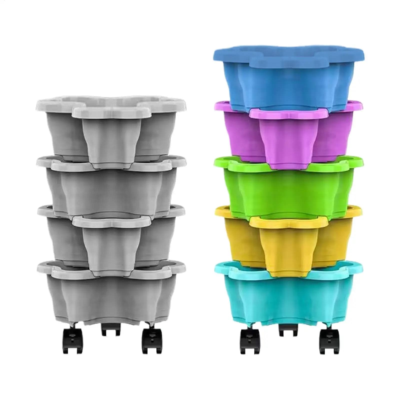 Vasos de plantas empilháveis em cinza e cores vibrantes sobre rodas