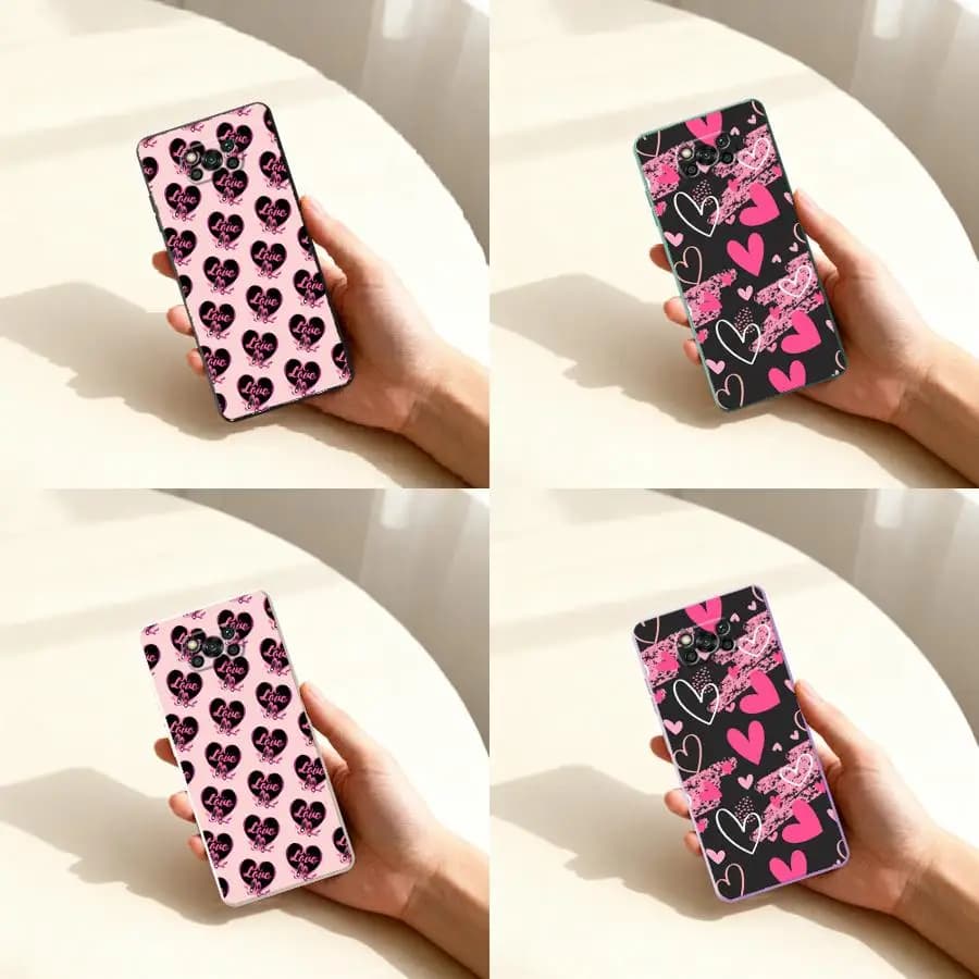 Capa para Xiaomi Poco F4 rosa com estampa de corações pretos e palavra Love