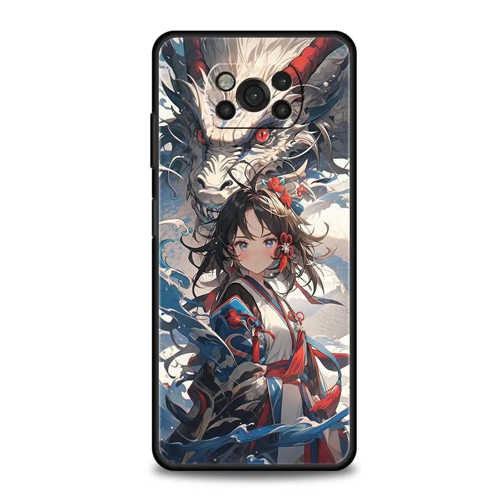 Capa Xiaomi Poco com arte colorida de personagem feminino e dragão de Genshin Impact