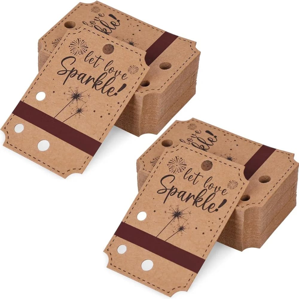 Pacote com várias etiquetas de presente Let Love Sparkle em papel kraft natural com design rústico e furos para sparkler