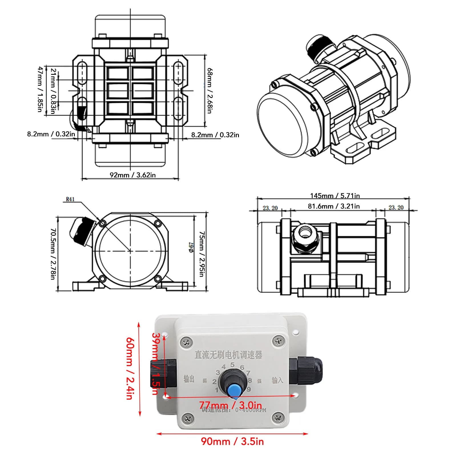 Desenho técnico do motor vibratório brushless com dimensões e controlador branco com botão azul 12V DC