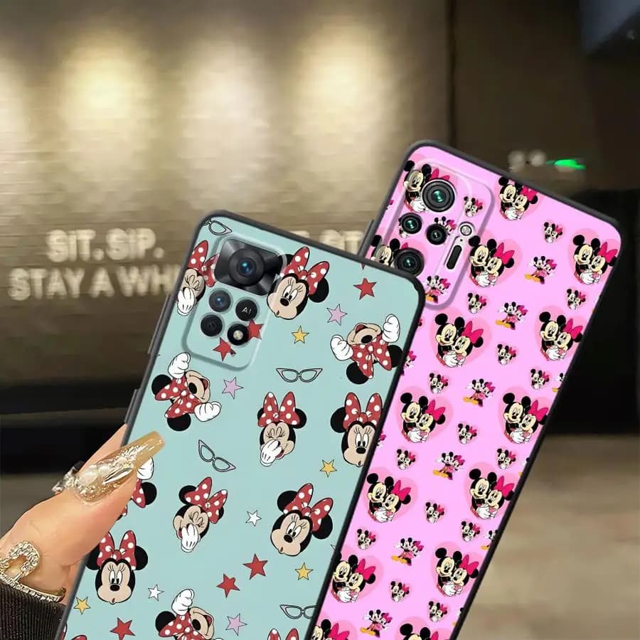 Capas para Xiaomi Redmi Note com design Minnie e Mickey em azul claro e rosa antichoque