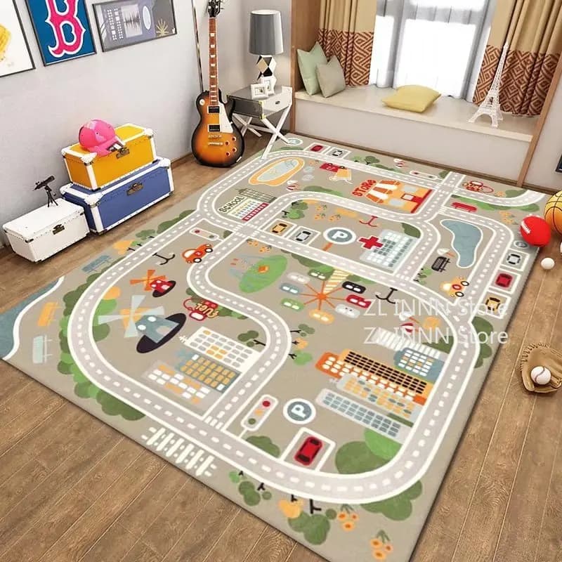 Tapete infantil com desenhos animados de estrada, carros e edifícios, antiderrapante, cinza.