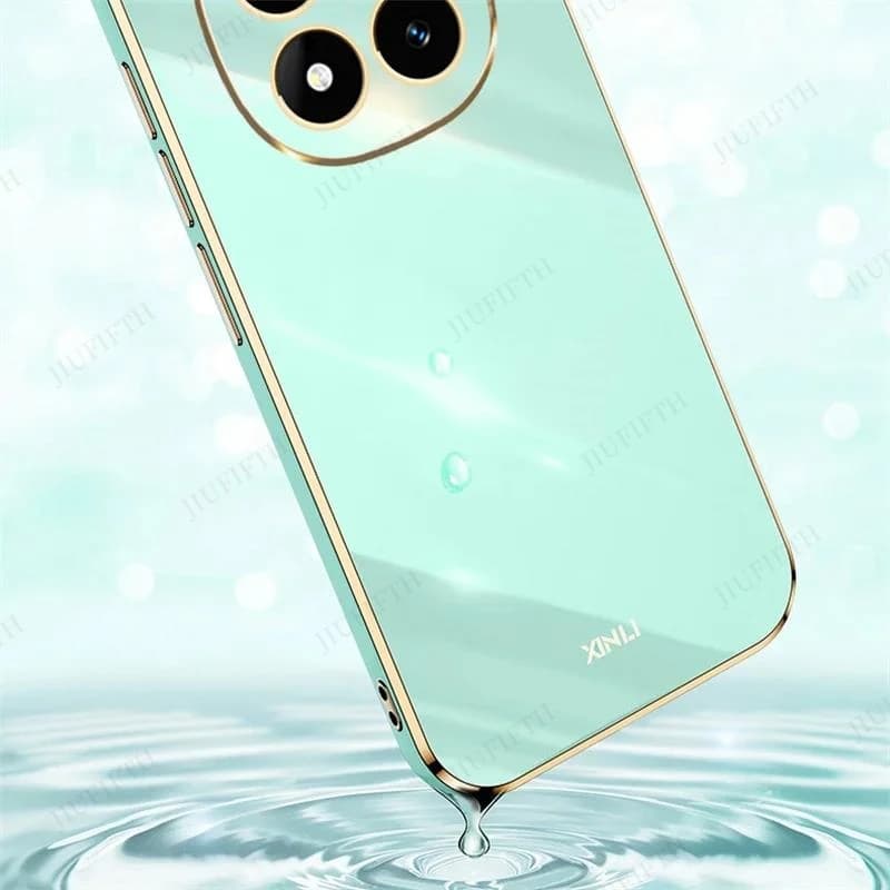 Capa para Xiaomi Redmi Note 14 verde água com acabamento dourado, resistente à água, silicone macio 6D