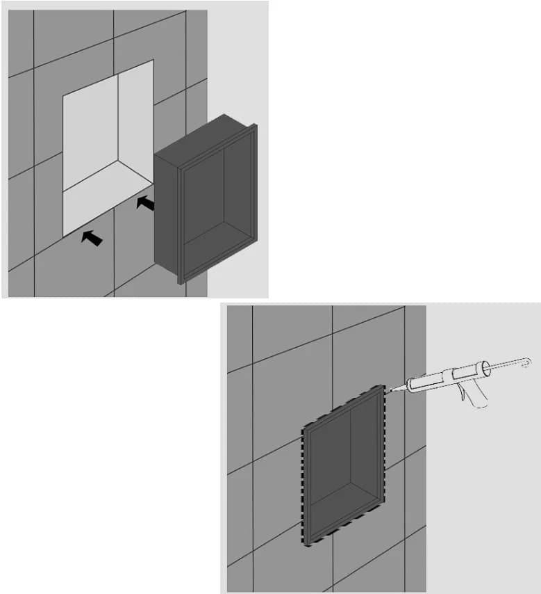 Ilustração de instalação do nicho de parede embutido quadrado com aplicação de silicone