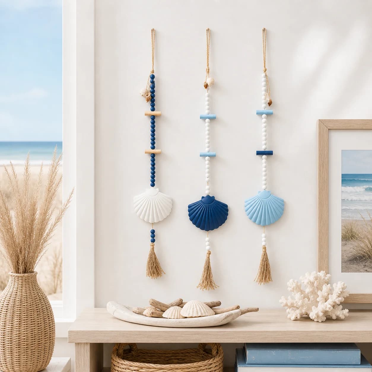 Decorações de parede boêmia com conchas e contas azuis e brancas para decoração de quarto, sala e casa de praia.