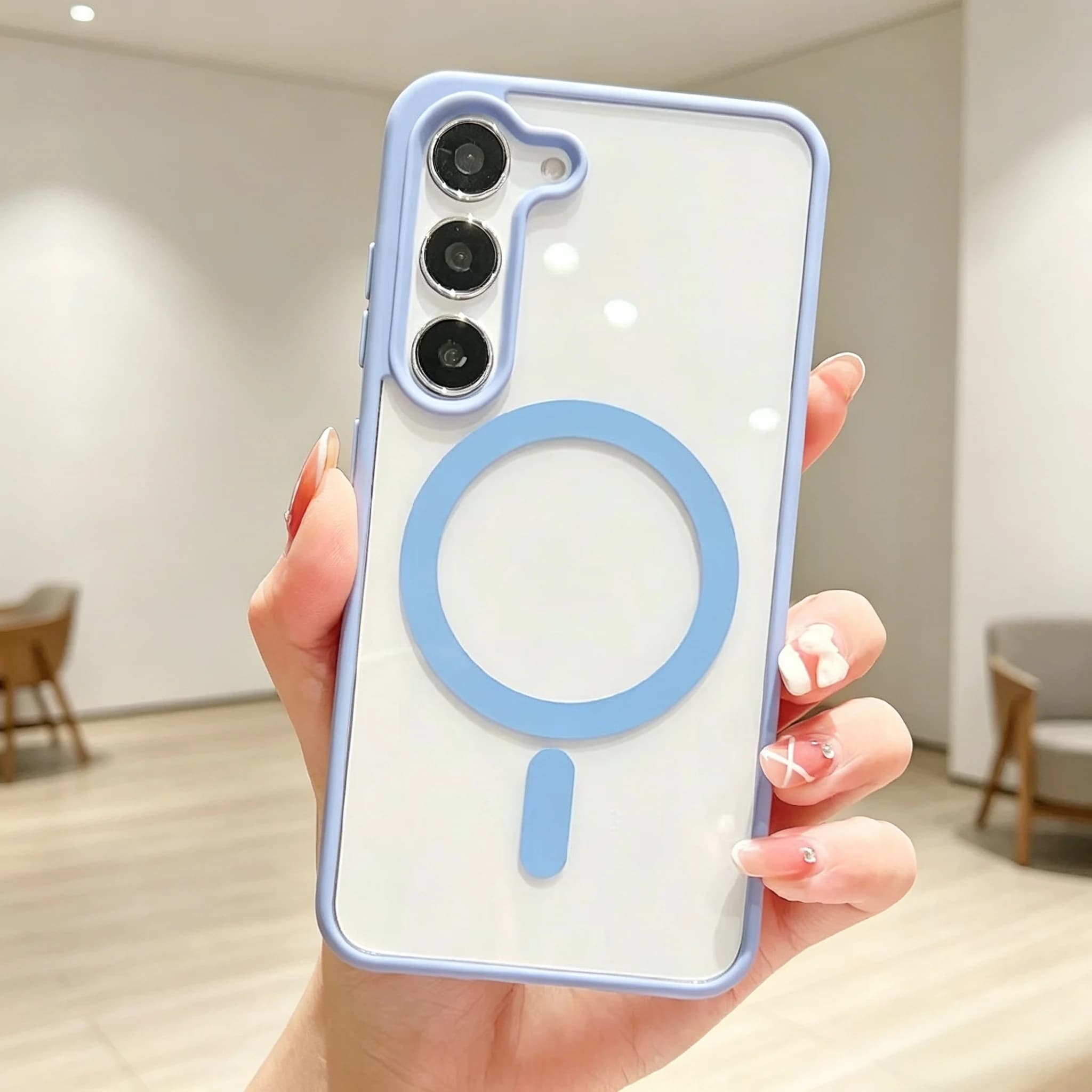 Capa de telefone acrílica para Samsung Galaxy, com carregamento magnético, branca com detalhes azuis