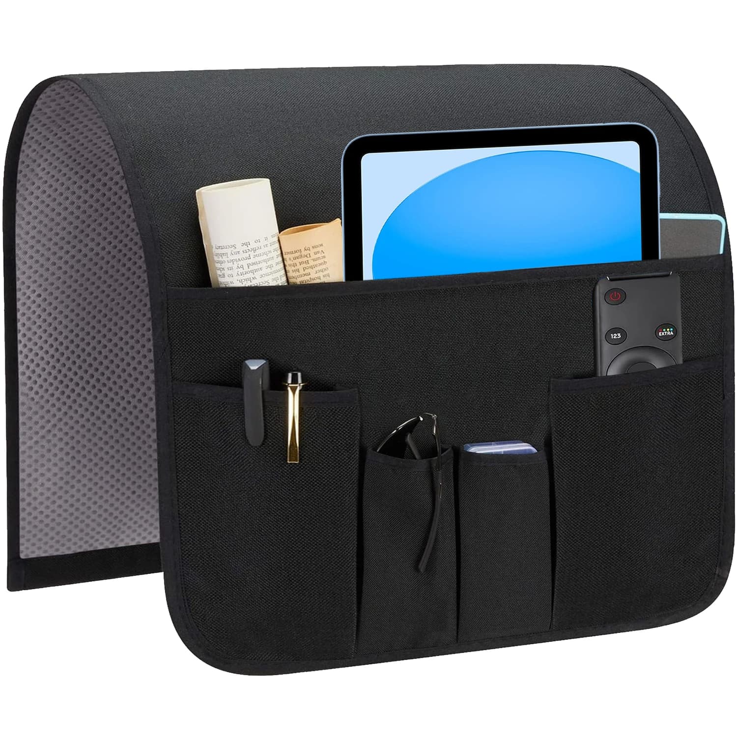 Sofá organizador preto com 5 bolsos para revista, tablet, telefone e controle remoto