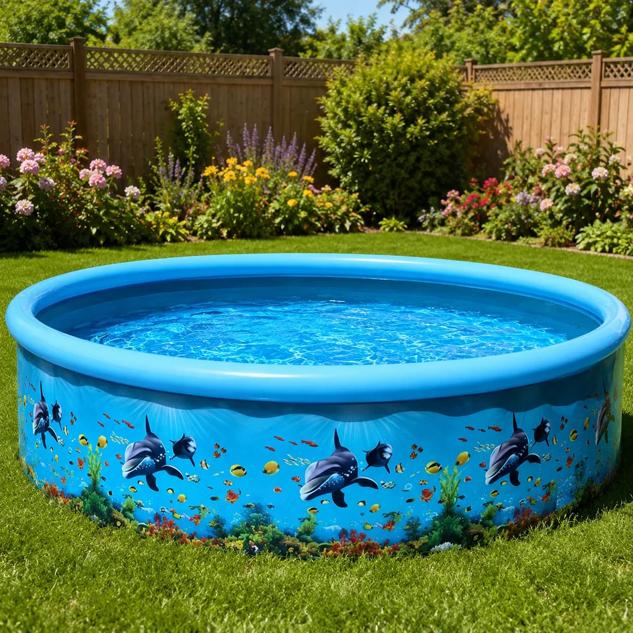 Piscina inflável infantil grande capacidade azul com estampa marinha cheia de água no jardim gramado