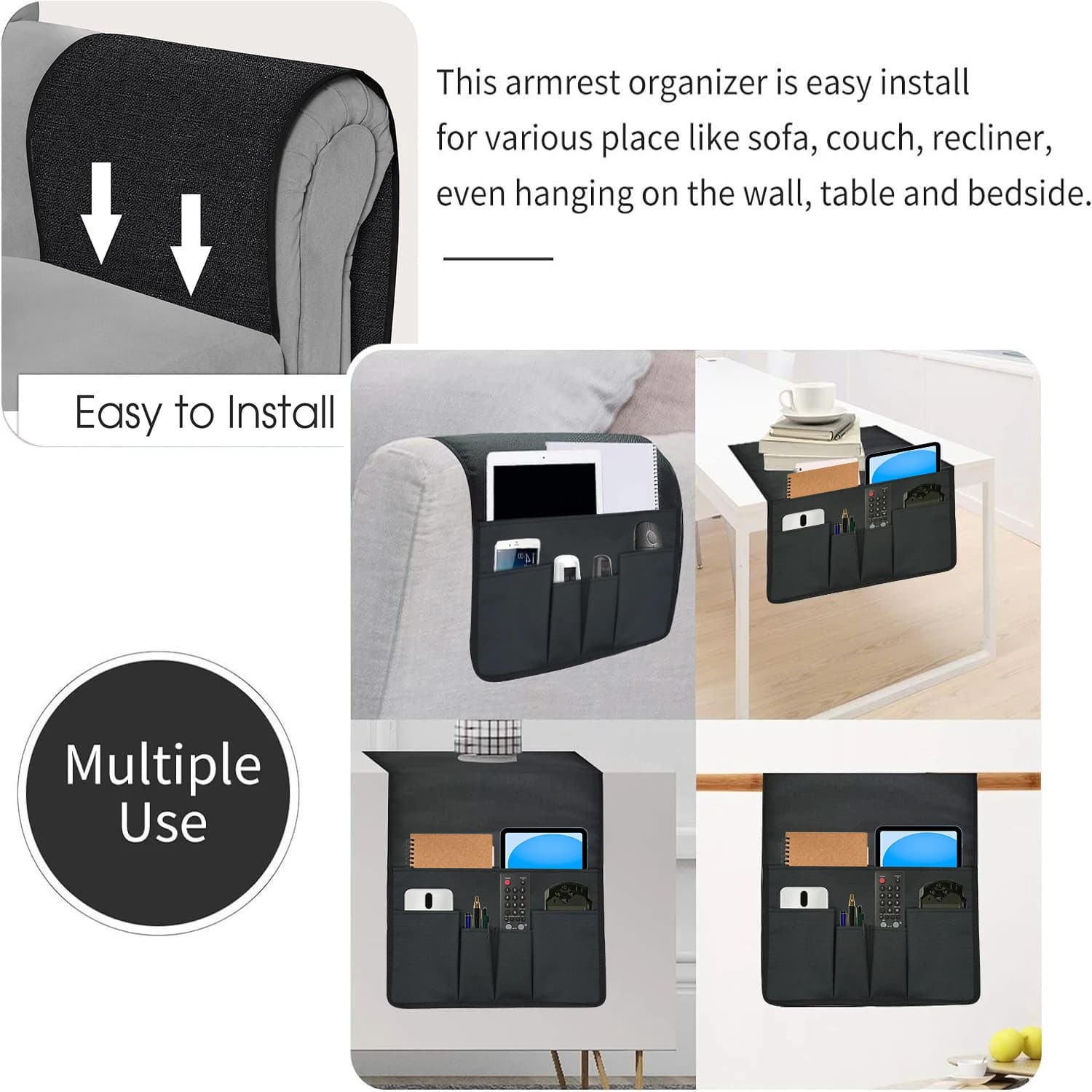 Organizador de braço de sofá preto fácil de instalar com múltiplos usos em sofá, mesa e parede
