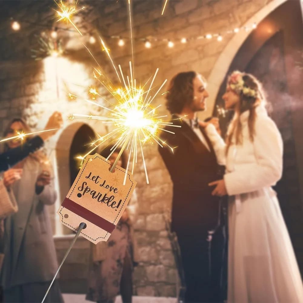 Cartões de fogos de artifício para casamento, etiquetas suspensas, papel kraft, mensagens de amor e brilho
